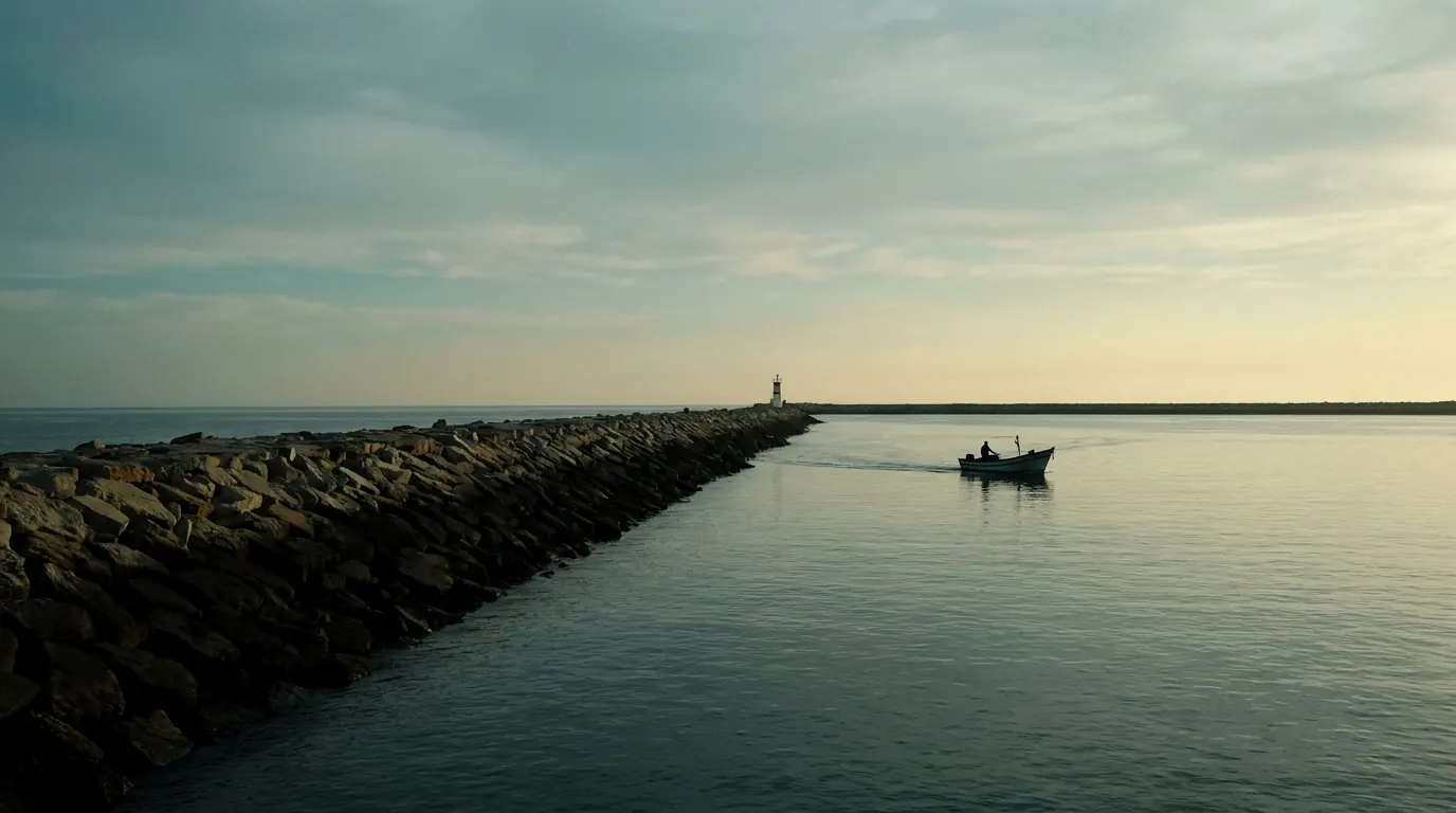 Stone breakwater and lighthouse at the mouth of an Angolan Atlantic harbour at dusk — documentary placeholder