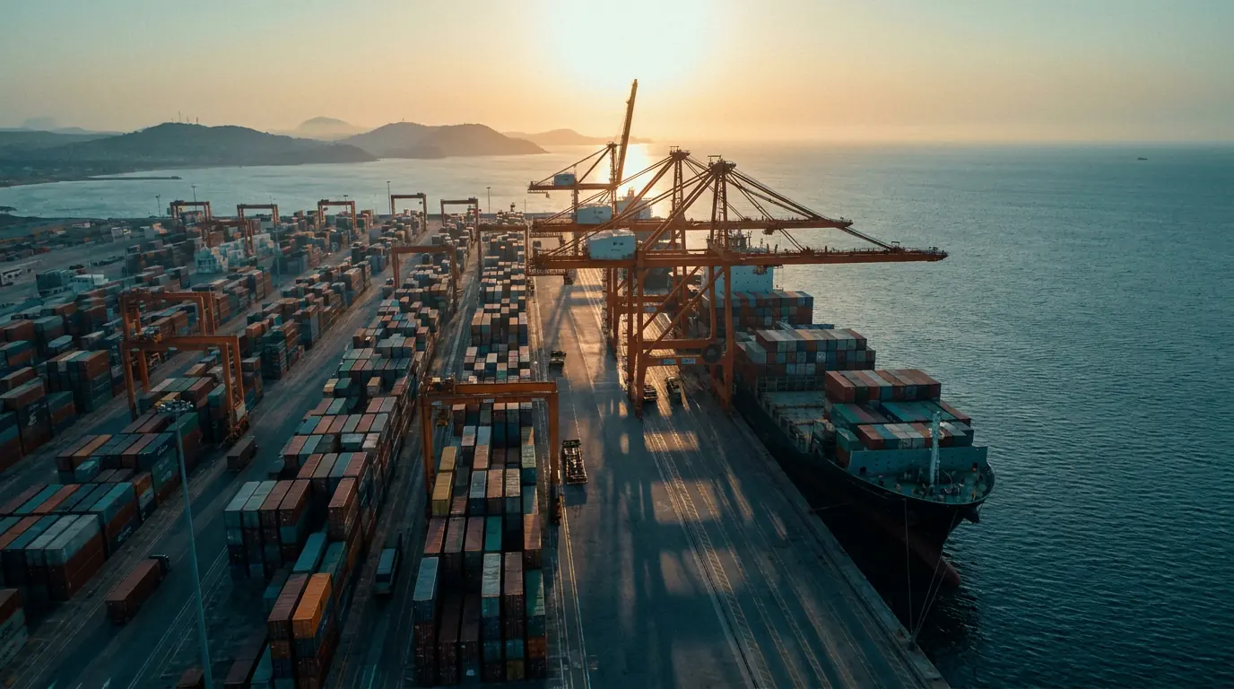 Aerial view of a deep-water Atlantic container port in Angola at golden dusk — documentary placeholder