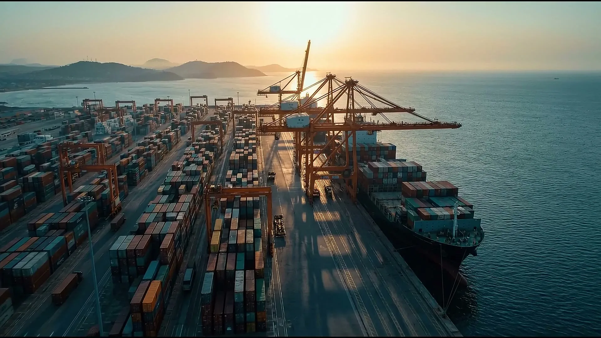 Aerial view of a deep-water Atlantic container port at dusk — documentary placeholder for Angolan infrastructure