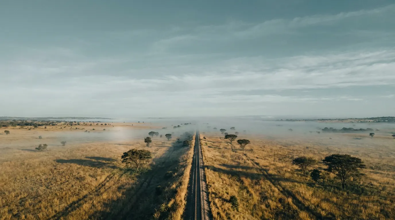 A single rail line running straight through misty Angolan savanna at first light — documentary placeholder