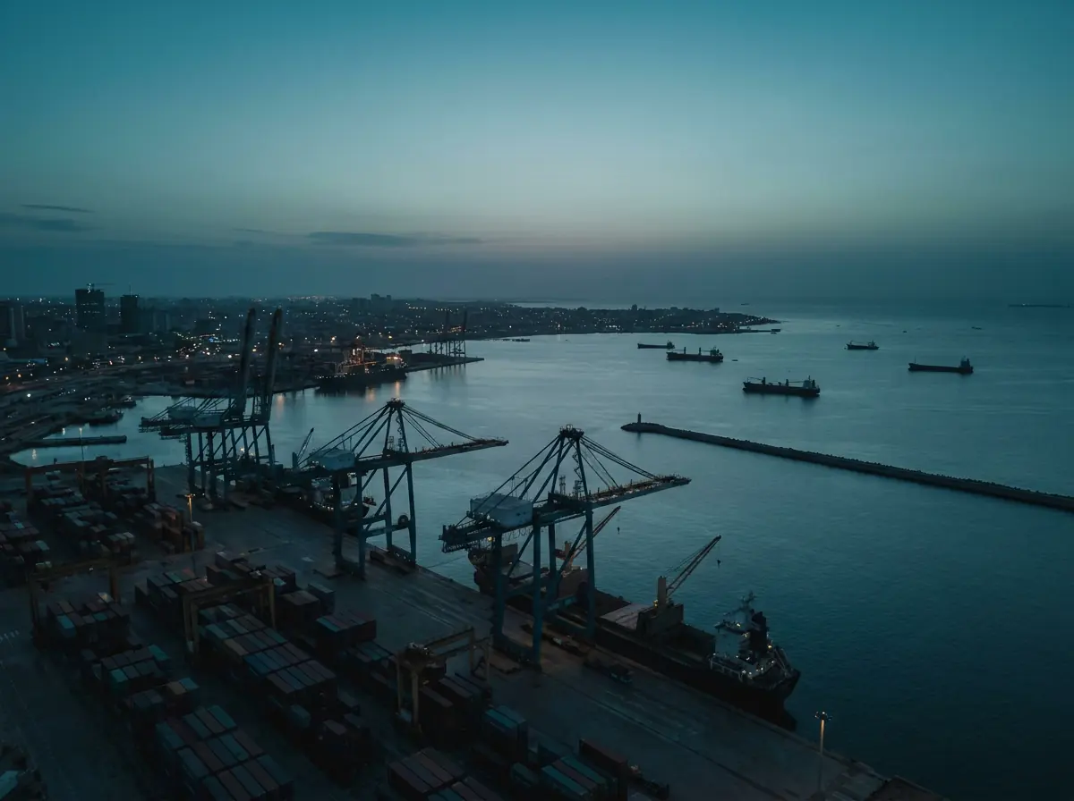 Aerial view of an Angolan industrial port and bay at blue hour — documentary placeholder