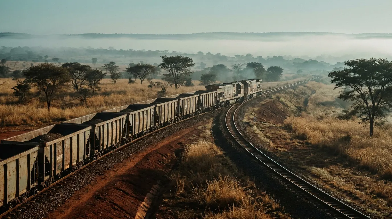 Freight train with ore wagons curving through the misty Angolan interior along the Lobito Corridor — documentary placeholder