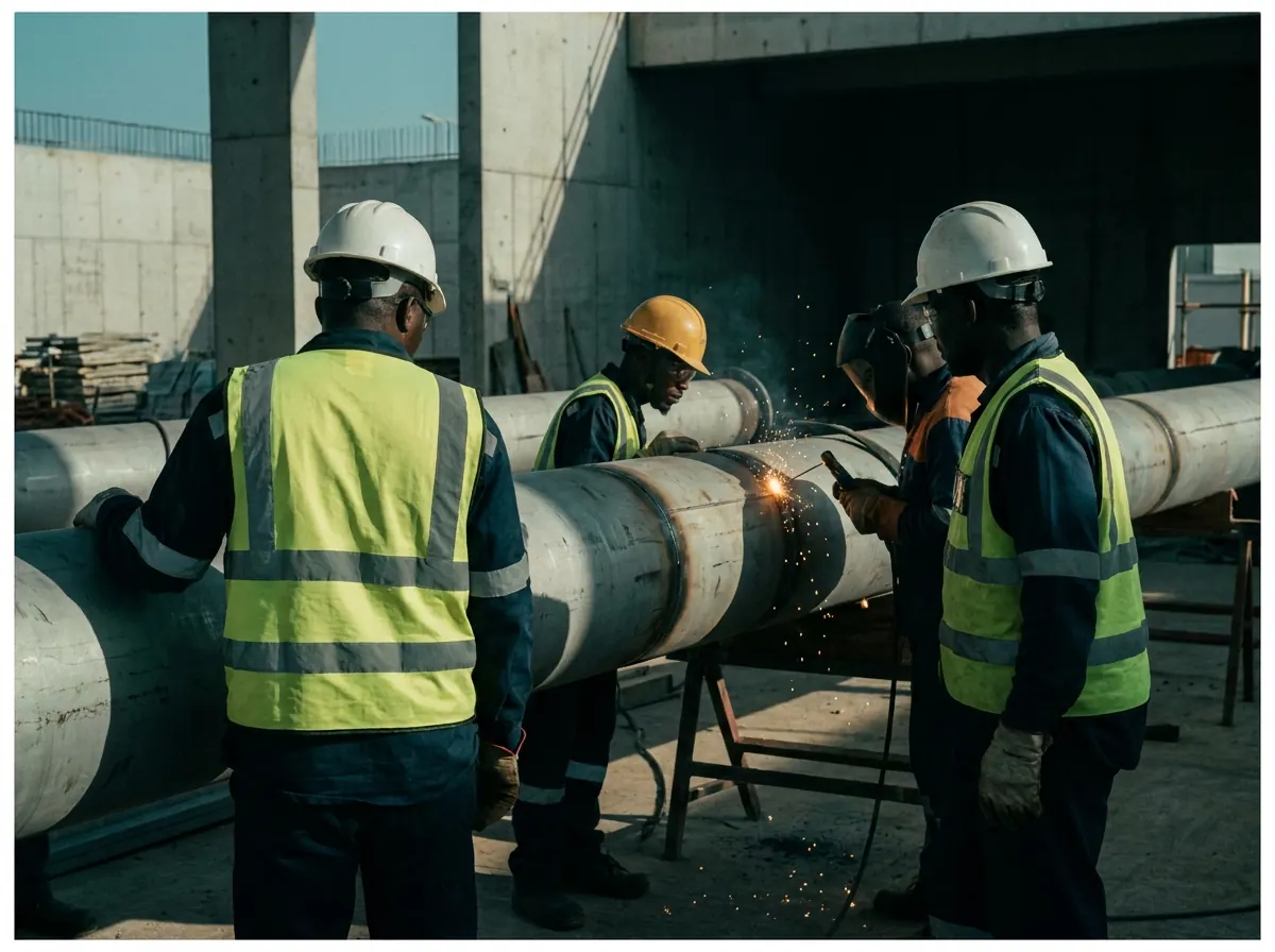 Skilled trades crew welding pipeline sections on an Angolan work site — documentary placeholder